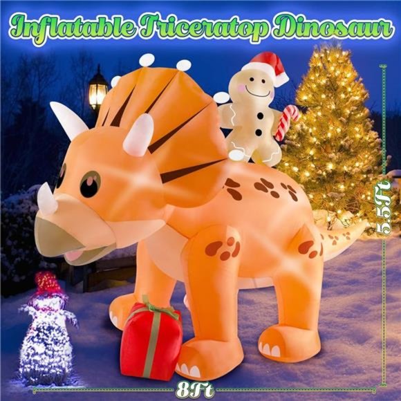 Dinosaur Christmas Inflatable, 8 Ft Blow up Triceratops with 6 Built-in LED - Picture 6 of 6